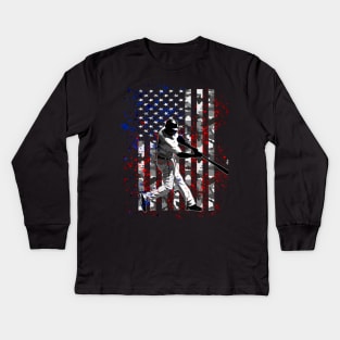 Vintage Patriotic Hitting Baseball Hitter Camo American Flag Gifts Kids Long Sleeve T-Shirt